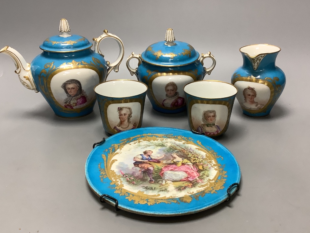 A 19th century Sevres style porcelain part tea set, largest diameter 16cm